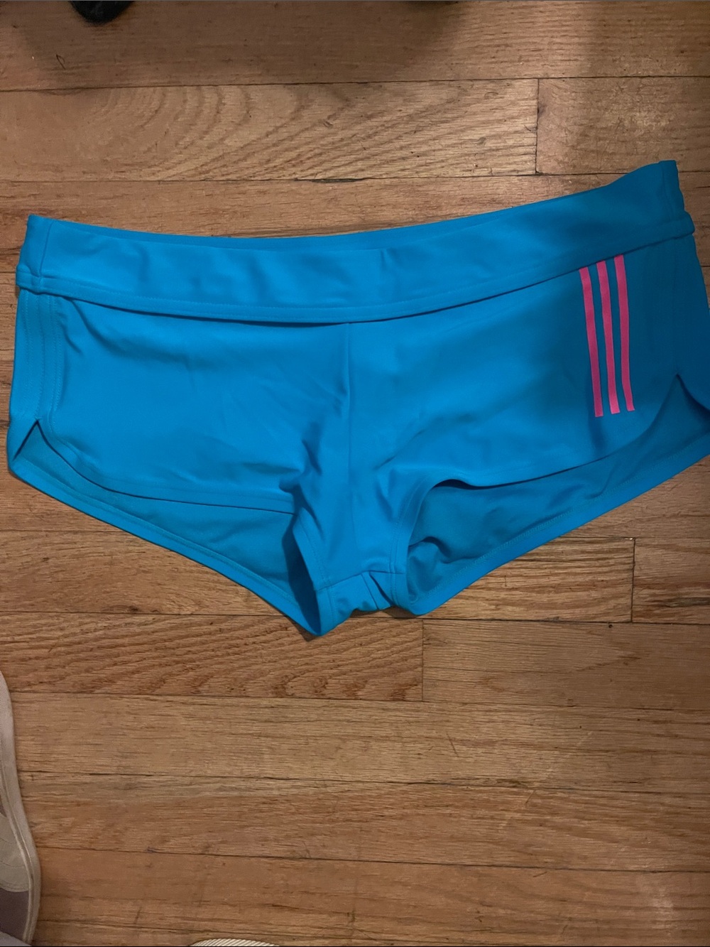 adidas Bright Teal Swim Shorts with Pink Stripes
